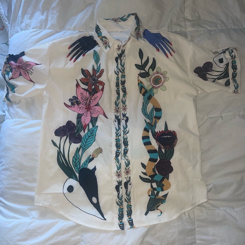 Floral and Abstract Print Button-Up Shirt